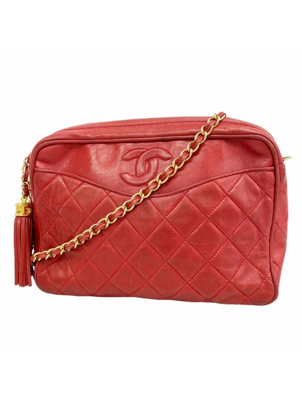 Chanel Shoulder Bag Quilted Lambskin Red Gold